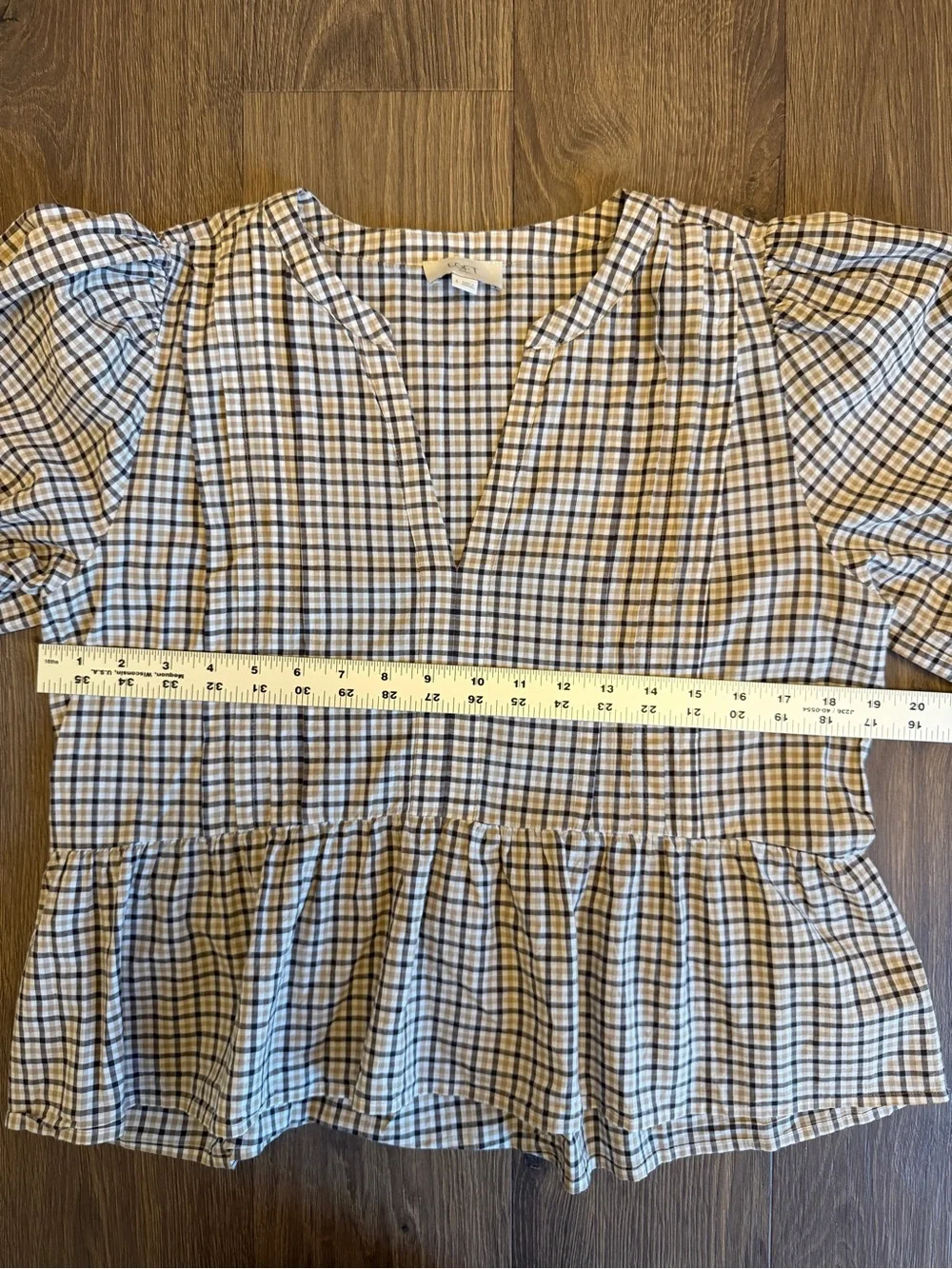 LOFT Outlet Plaid Cottagecore Peplum Top Brown Beige Long Sleeve Small 1139